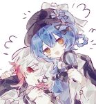  2girls black_capelet black_hat blue_hair braid braided_hair_rings capelet chinese_commentary commentary_request deerstalker flower flying_sweatdrops gradient_hair hair_between_eyes hair_ornament hair_rings hand_on_another's_shoulder hat highres holding holding_magnifying_glass jitome leaning_on_person long_sleeves looking_at_viewer magnifying_glass mahou_shoujo_no_majo_saiban multicolored_hair multiple_girls n7_(lose930111) one_eye_closed open_mouth pink_eyes pink_hair sakuraba_ema short_hair smile tachibana_sherry upper_body white_background white_flower white_hair x_hair_ornament yellow_eyes 