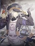  1boy adjusting_clothes adjusting_headwear armband black_coat chandelure closed_mouth coat commentary_request emmet_(pokemon) facial_hair goatee grey_eyes hat hisuian_poke_ball ingo_(pokemon) long_sleeves looking_ahead male_focus peaked_cap poke_ball pokemon pokemon_(creature) pokemon_black_and_white pokemon_legends:_arceus runachikku solo torn_clothes torn_coat 
