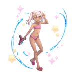  1girl artist_request bikini chloe_von_einzbern closed_mouth dark-skinned_female dark_skin fate/kaleid_liner_prisma_illya fate_(series) flat_chest full_body game_asset grand_summoners hair_bobbles hair_ornament holding holding_water_gun long_hair navel official_art pink_bikini sandals simple_background smile solo sparkle swimsuit third-party_source transparent_background v water_gun 