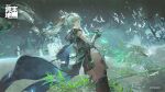  1girl animal_ears arcane_(arknights) arknights arknights:_endfield bamboo bamboo_forest bird bird_ears bird_girl blue_eyes chinese_commentary closed_mouth commentary_request copyright_logo copyright_notice elbow_gloves facial_mark forehead_mark forest gloves grey_hair highres logo long_hair looking_at_viewer nature official_art outdoors red_thighhighs shule_de_yu solo thighhighs white_bird white_gloves 