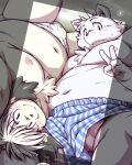 4:5 anthro balls belly big_belly book_whitener boxers_(clothing) boxers_only briefs briefs_only bulge canid canine canis chest_tuft clothed clothing domestic_dog duo genitals gesture hand_gesture hi_res humanoid_hands kemono lying male male/male mammal moobs navel nipples overweight overweight_male smile smiling_at_viewer takagi_kyou text tighty_whities topless tuft underwear underwear_only v_sign white_briefs white_clothing white_underwear wight_bracken