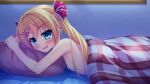  1girl arms_up blanket blonde_hair blush breasts from_side game_asset green_eyes grin hinata_nao holding holding_pillow hoshimi_miku indoors long_hair looking_at_viewer lying night nipples non-web_source nose_blush nude official_art on_bed on_stomach open_mouth pillow small_breasts smile solo turning_head twintails yuuwaku_scramble 