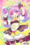  1girl bow breasts cleavage commentary commentary_request frilled_gloves frilled_skirt frills gloves hair_ornament heart heart_background heart_ornament holding looking_at_viewer magical_girl multicolored_eyes multicolored_hair open_mouth original pomimiko skirt sparkle star-shaped_pupils star_(symbol) symbol-shaped_pupils twintails untranslatable_commentary winged_hair_ornament yellow_bow 