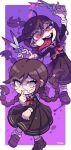  2girls artist_name blood blood_on_weapon border braid brown_eyes brown_hair brown_serafuku brown_shirt brown_shoes brown_skirt chibi chibi_only collared_shirt colored_blood commentary danganronpa:_trigger_happy_havoc danganronpa_(series) dual_persona eyelashes fukawa_toko genocider_sho glasses gradient_background hair_between_eyes holding holding_scissors holding_weapon kayama_taiga long_hair long_tongue mole mole_under_mouth multiple_girls neckerchief nervous_sweating open_mouth pink_blood purple_background red_eyes red_neckerchief round_eyewear sailor_collar school_uniform scissors serafuku shirt shoes simple_background skirt skirt_set smile socks sweat teeth tongue tongue_out twin_braids twintails upper_teeth_only weapon white_border white_sailor_collar white_socks 