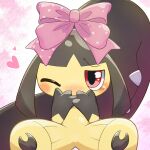 1:1 2026 absurd_res black_body blush bow_on_head cel_shading covering covering_mouth covering_own_mouth covering_self digital_drawing_(artwork) digital_media_(artwork) female female_humanoid front_view generation_3_pokemon gloves_(marking) heart_reaction hi_res humanoid looking_at_viewer lucky777 markings mawile multicolored_body nintendo one_eye_closed overbite pokemon pokemon_(species) red_eyes shaded sitting solo two_tone_body yellow_body