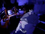 3d_(artwork) 3d_background 4:3 anthro bedroom breath chair clothing computer computer_desk desk digital_media_(artwork) domestic_cat electronics eyewear felid feline felis furniture glasses half-closed_eyes hi_res hoodie line_art male mammal mixed_media narrowed_eyes nerd night obese obese_anthro obese_male office_chair onomatopoeia overweight overweight_anthro overweight_male panting rumbling_stomach solo sound_effects table text toony topwear underwear vv0ltz wearing_glasses
