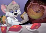 2021 abdominal_bulge anthro anthro_pred belly big_belly blue_sclera bodily_fluids burger cheek_bulge clothing denaturedalbumin digestion digestion_noises domestic_cat duo extreme_size_difference felid feline felis female female_prey food food_in_stomach fully_inside fur grey_body grey_fur human human_prey imminent_digestion inside_stomach internal larger_anthro larger_male larger_pred male male_pred mammal micro micro_prey oral_vore overweight shirt size_difference slightly_chubby smaller_female smaller_human soft_vore stomach_acid text topwear vore white_clothing white_shirt white_topwear