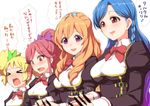  &gt;_&lt; 4girls aikatsu! aikatsu!_(series) blonde_hair blue_hair blush bow braid breasts brown_eyes censored chikuishi clearite closed_eyes dream_academy_uniform flower hair_bow hair_flower hair_ornament hair_ribbon handjob hetero himesato_maria kazesawa_sora long_hair medium_breasts multiple_girls open_mouth otoshiro_seira penis ponytail purple_eyes red_eyes red_hair ribbon saegusa_kii school_uniform smile translation_request twintails 