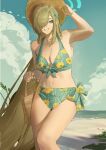  05ghxsu 1girl absurdres asuna_(blue_archive) beach bikini blonde_hair blue_archive blue_bikini blue_eyes blue_halo breasts cleavage collarbone commentary grin hair_over_one_eye halo hat highres long_hair looking_at_viewer medium_breasts navel outdoors smile solo straw_hat sun_hat swimsuit thighs very_long_hair 