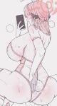  1girl animal_ears aru_(blue_archive) ass back bare_shoulders blue_archive blush breasts brown_horns cellphone commentary elbow_gloves from_behind gloves grey_background hairband half_updo halo high_heels highres holding holding_phone horns huge_breasts leotard long_hair low_horns median_furrow muchim multicolored_horns open_mouth phone pink_hair pink_halo pink_leotard playboy_bunny rabbit_ears rabbit_tail see-through_clothes see-through_leotard shoulder_blades simple_background smartphone solo squatting sweat tail teeth thighhighs thighs two-tone_horns upper_teeth_only white_gloves white_hairband white_thighhighs yellow_horns 