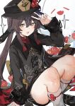  1girl black_hat black_shorts boo_tao_(genshin_impact) bright_pupils brown_hair commentary_request flower flower-shaped_pupils genshin_impact hair_between_eyes hat hat_flower highres hu_tao_(genshin_impact) long_hair looking_at_viewer open_mouth porkpie_hat red_eyes red_flower shorts socks symbol-shaped_pupils the_olphy v white_socks 