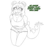 absurd_res anthro big_breasts black_and_white bottomwear breasts clothed clothed_anthro clothed_female clothing denim denim_bottomwear denim_clothing denim_shorts dialogue dinosaur english_text excited eyebrow_through_hair eyebrows female front_view goodbye_volcano_high hair hair_bun hands_behind_back happy hi_res hyuvevo ko_op_(game_developer) long_hair looking_at_viewer monochrome non-mammal_breasts open_mouth open_smile ornithischian portrait prehistoric_species reptile scalie shirt shorts simple_background smile solo spiked_tail spikes spikes_(anatomy) stegosaurian stegosaurus stella_(gvh_beta) tail talking_to_viewer text thigh_gap three-quarter_portrait thyreophoran topwear translucent translucent_hair twin_buns white_background
