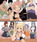  6+boys 6+girls :d arm_wrestling armor bare_shoulders black_hair black_pants blue_bow blue_hair bow bowtie breasts collarbone commentary cross cross_necklace dress elfman_strauss english_commentary english_text erza_scarlet fairy_tail fire gajeel_redfox gauntlets gray_fullbuster green_bow green_bowtie grey_hair hair_bow highres jewelry joshdinobarney juvia_lockser large_breasts laxus_dreyar levy_mcgarden lucy_heartfilia mirajane_strauss multiple_boys multiple_girls muscular muscular_male natsu_dragneel necklace orange_dress pants ponytail red_hair shirt short_hair shoulder_tattoo smile spiked_hair table tattoo teeth twintails wendy_marvell white_shirt wooden_table 
