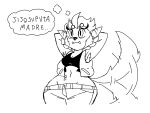 big_butt black_and_white bottomwear breasts butt canid canine canis clothing danver_the_werewolf denim denim_bottomwear denim_clothing diegutan eyelashes fangs female hands_behind_head hi_res humanoid humanoid_pointy_ears inner_thoughts jacket jeans mammal monochrome mythological_canine mythological_creature mythology pants pointy_ears sharp_teeth simple_background small_breasts solo spanish_text tail tail_motion tailwag teeth text thick_eyelashes tomboy topwear translation_request werecanid werecanine werecreature werewolf wide_hips wolf wolf_tail