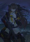  1girl absurdres black_jacket black_pantyhose black_skirt brown_eyes brown_hair chest_harness closed_mouth commentary cowboy_shot english_commentary flat_chest girls'_frontline gun h&amp;k_ump harness highres holding holding_jewelry holding_necklace holding_weapon jacket jewelry kto_znaet long_hair looking_to_the_side necklace night one_eye_closed open_clothes open_collar open_jacket pantyhose rain shirt skirt solo standing straight-on submachine_gun twintails ump45_(girls'_frontline) ump45_(mod3)_(girls'_frontline) weapon white_shirt 