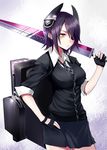  eyepatch fingerless_gloves gloves hand_on_hip kantai_collection left-handed necktie partly_fingerless_gloves purple_hair school_uniform simon_(n.s_craft) skirt solo sword tenryuu_(kantai_collection) weapon yellow_eyes 