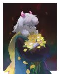 2026 absurd_res anthro black_sleeves bovid caprine clothed clothed_anthro clothing deltarune eyewear floppy_ears flower fully_clothed fully_clothed_anthro fur glasses goat green_clothing green_eyewear green_glasses half-length_portrait hi_res holding_flower holding_object horn ilikecanele lop_ears male mammal pink_horn plant portrait ralsei round_glasses solo undertale_(series) white_body white_fur