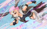  1girl armband belt bird_girl bird_tail black_gloves black_hair black_shirt blonde_hair blue_hair breasts brown_armband brown_jacket clenched_hands clothing_cutout commentary_request evyngr eyelashes feathered_wings fingerless_gloves fur-trimmed_jacket fur_trim gloves head_wings jacket kemono_friends lappet-faced_vulture_(kemono_friends) motion_lines multicolored_hair open_clothes open_jacket open_mouth pants pink_hair pixie_cut red_eyes shirt shoes short_hair sleeveless sleeveless_jacket sleeveless_shirt solo tail thigh_cutout very_short_hair white_belt white_pants white_shoes wings 