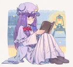  1girl blue_bow blunt_bangs blush book bow bowtie brown_shoes commentary_request crescent crescent_hat_ornament ddal double_bun dress glasses hair_bow hair_bun hat hat_ornament highres holding holding_book lantern mob_cap multiple_hair_bows patchouli_knowledge purple_eyes purple_hair reading red_bow robe shoes sitting solo touhou white_dress white_robe 