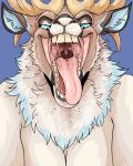 4:5 absurd_res anthro bodily_fluids cedarbou deer drooling evil_grin female first_person_view hi_res imminent_vore juniper_(cedarbou) looking_at_viewer mammal mouth_shot new_world_deer open_mouth oral_vore reindeer restrained saliva smile solo swampjaws teeth uvula vore