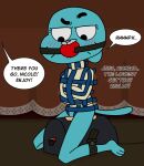 2022 alternate_version_at_source arms_tied ball_gag bdsm blush bondage bottomless bound cartoon_network clothed clothing comic dialogue disappointed english_text female front_view gag gagged genitals hi_res legs_tied low-down nicole_watterson no_irises no_underwear restraints sex_toy solo speech_bubble straddling straitjacket strapped_down sybian text the_amazing_world_of_gumball thoughts variant_set vulva