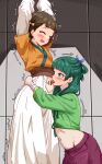  2girls arms_up bakasp-lilzy blue_eyes blush bound breasts brown_hair chinese_clothes closed_eyes clothes_lift clothing_cutout commentary dress english_commentary freckles green_hair highres hug kusuriya_no_hitorigoto laughing licking licking_navel long_sleeves maomao_(kusuriya_no_hitorigoto) medium_hair multiple_girls navel navel_cutout navel_stimulation open_mouth red_skirt restrained short_hair skirt small_breasts tongue tongue_out xiaolan_(kusuriya_no_hitorigoto) yuri 