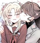  2girls =_= ^_^ black_sweater blonde_hair brown_dress closed_eyes closed_mouth commentary_request dress fang fang_out flower flying_sweatdrops fujishima_megumi fujishima_megumi_(post-graduation_casual) grey_jacket hair_flower hair_ornament hand_on_another's_arm hasu_no_sora_school_uniform highres jacket kiss kissing_cheek long_sleeves love_live! love_live!_hasu_no_sora_jogakuin_school_idol_club mira-cra_park! multiple_girls neckerchief osawa_rurino pink_flower red_neckerchief sailor_collar sailor_dress school_uniform skin_fang suit_jacket sweatdrop sweater turtleneck turtleneck_sweater twintails virtual_youtuber watage_modoki wavy_mouth white_sailor_collar winter_uniform yuri 