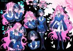  2girls alien_stage alternate_costume black_bow black_hair black_shoes black_thighhighs blazer blue_jacket blue_skirt blush bob_cut bow buttons commentary curtained_hair double-breasted english_commentary glasses hair_bow hairband high_heels highres jacket lilbpeach long_hair mizi_(alien_stage) multiple_girls pairing_name pink_hair purple_eyes school_uniform shoes short_hair skirt sua_(alien_stage) thighhighs very_long_hair waist_bow white_bow white_hairband yellow_eyes yuri 