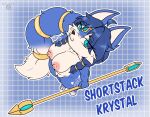 ahoge anthro areola big_breasts black_nose blue_background blue_body blue_eyes blue_fur blue_hair breasts canid canine cheek_tuft dipstick_tail facial_tuft feet female fox front_view fur genitals hair hi_res holding_object holding_staff krystal_(star_fox) linyxart looking_at_viewer mammal markings nintendo nipples nude pattern_background pink_areola pink_nipples shortstack simple_background smile solo staff star_fox tail tail_markings text thick_thighs tuft vulva white_body white_fur wide_hips