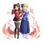  2girls artist_request black_ribbon black_thighhighs blonde_hair blue_bow blue_shirt blue_skirt bow brown_hair brown_shoes closed_mouth fate/kaleid_liner_prisma_illya fate_(series) fire full_body game_asset grand_summoners green_eyes hair_ribbon juliet_sleeves loafers long_skirt long_sleeves luviagelita_edelfelt multiple_girls official_art pleated_skirt puffy_sleeves red_shirt ribbon shirt shoes simple_background skirt sparkle thighhighs third-party_source tohsaka_rin transparent_background zettai_ryouiki 