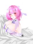  1girl absurdres bare_shoulders blush breasts ccleqvs5ezk4jh4 cleavage closed_mouth commentary_request detached_sleeves dress feathered_wings from_side hair_intakes highres large_breasts long_sleeves looking_at_viewer medium_hair mole mole_on_breast pink_hair purple_eyes remielle_dan simple_background smile solo upper_body white_background white_wings wings zenless_zone_zero 