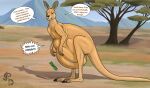 2025 ambiguous_gender belly big_belly black_claws brown_eyes brown_nose claws dialogue dragonczech duo english_text feral feral_pred hi_res human human_prey kangaroo macropod mammal marsupial rumbling_stomach savanna speech_bubble tail talking_feral tan_arms tan_belly tan_body tan_ears tan_head tan_legs tan_tail text vore watermark