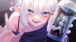  1girl black_sweater blue_eyes blue_nails bright_pupils collarbone commentary cup diamond-shaped_pupils diamond_(shape) english_commentary gamer_supps halo_sweety halo_sweety_(artist) heart highres holding holding_cup indie_virtual_youtuber open_mouth pointy_ears sweat sweater symbol-shaped_pupils upper_body virtual_youtuber white_hair white_pupils 
