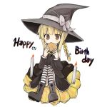 1girl ? amakaze_sora black_jacket black_skirt blonde_hair boots borrowed_character bow braid brown_eyes burger candle commentary_request eating fire food grey_boots grey_bow grey_hat happy_birthday hat hat_bow holding holding_food jacket knees_up long_hair original simple_background sitting skirt solo striped_clothes striped_thighhighs thighhighs thighhighs_under_boots white_background witch_hat 