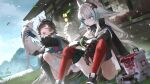  2girls animal animal_ears arcane_(arknights) arknights arknights:_endfield asymmetrical_gloves bird_ears bird_girl black_cape black_gloves blue_eyes blue_gloves blue_horns blue_jacket cape cat chen_qianyu_(arknights) closed_eyes commentary dragon_girl dragon_horns eastern_dragon_horns english_commentary facial_mark forehead_mark gloves grey_hair head_wings highres holding holding_animal holding_cat horns jacket long_hair meadow mismatched_gloves mountain multicolored_gloves multicolored_hair multiple_girls open_mouth outdoors red_thighhighs salmon88 sitting smile thighhighs two-sided_gloves two-tone_gloves two-tone_hair white_gloves wings 