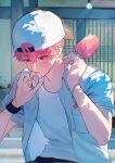  1boy absurdres arm_up bamby_(plave) baseball_cap black_hat black_pants bracelet breast_pocket charm_(object) charm_bracelet collared_shirt commentary corrupted_twitter_file cowboy_shot dabok downcast_eyes food hat highres holding holding_food holding_popsicle jewelry licking licking_finger licking_own_finger male_focus open_clothes open_shirt outdoors pants pink_eyes pink_hair plave pocket popsicle shirt short_hair short_sleeves shouji sliding_doors solo white_hat white_shirt wing_collar wristband 