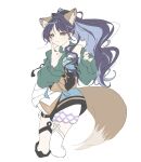  1girl animal_ears blue_hair blue_nails cho_kaguya-hime! closed_mouth colored_inner_hair commentary detached_sleeves fox_ears fox_girl fox_tail highres index_finger_raised karin_(makaron) long_hair multicolored_hair nail_polish ponytail sakayori_iroha sakayori_iroha_(movie_rerelease) sakayori_iroha_(tsukuyomi) simple_background single_thighhigh solo tail thighhighs translated white_background 