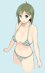  bikini blue_background blush breasts chikurin_(sasamori_tomoe) cleavage clenched_hands collarbone cowboy_shot green_eyes green_hair large_breasts looking_at_viewer navel open_mouth original sasamori_tomoe shiny shiny_skin short_hair simple_background skindentation solo striped striped_bikini sweatdrop swimsuit 