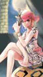  1girl :q bracelet brown_eyes compass cowboy_hat crossed_legs dress eyelashes gun hat hat_over_one_eye highres holding holding_gun holding_weapon jewelry log_pose nami_(one_piece) one_eye_covered one_piece orange_hair pink_hat short_hair shoulder_tattoo sitting solo tattoo third-party_source tongue tongue_out ume_(ume_boshi1020) weapon white_dress 