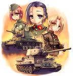  blonde_hair braid caterpillar_tracks commentary_request epaulettes graphite_(medium) ground_vehicle hair_ribbon jewelry kv-1 long_hair medal military military_uniform military_vehicle mixed_media motor_vehicle multiple_girls orange_eyes original pink_eyes pink_hair purple_eyes purple_hair ribbon ring russia samazuka_mashiro short_hair single_braid soldier soviet t-34 tank traditional_media uniform world_war_ii 