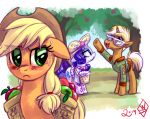 2014 apple applejack_(mlp) blonde_hair blue_eyeshadow blush bodily_fluids cartoon_freckles clothed clothing cowboy_hat equid equine eyelashes eyeshadow female feral food footwear freckled_face freckles friendship_is_magic fruit group hair hasbro hat headgear headwear hooves horn long_eyelashes makeup mammal my_little_pony mythological_creature mythological_equine mythology outside plant purple_hair quadruped rarity_(mlp) shoes sweat tail tree trenderhoof_(mlp) trio unicorn whitediamonds