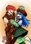 alfonso_memes_inojosa amphibian anthro belt big_hands blue_hair blush bottomwear brown_bottomwear brown_clothing brown_pants clothing dancing duo eyelashes eyes_closed female female_anthro fingerless_gloves freckled_face freckles frog gloves green_body green_bottomwear green_clothing green_eyes green_skirt hair hand_holding handwear hat headgear headwear hi_res horizontal_pupils human interlocked_fingers long_hair male male_human mammal markings open_mouth pants pockets pupils red_clothing red_hair red_hat red_headwear scottish shirt skirt smile spots spotted_markings standing teeth tongue topwear vest white_clothing white_shirt white_topwear