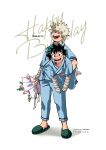  2boys :d anime_coloring aqua_eyes aqua_hair arm_at_side artist_name bakugou_katsuki bandaged_arm bandaged_head bandages barefoot birthday blonde_hair blue_pants boku_no_hero_academia bouquet bright_pupils canvas_texture carrying carrying_person carrying_under_arm circle_name cocked_eyebrow commentary_request cursive dated english_commentary english_text flower_request freckles full_body furrowed_brow gauze gauze_on_cheek green_eyes green_slippers happy_birthday highres holding holding_bouquet hospital_gown looking_at_viewer looking_to_the_side male_focus midoriya_izuku mixed-language_commentary multiple_boys nikaidou_iroha open_mouth pants partial_commentary raised_eyebrow red_eyes sanpaku shadow short_hair short_sleeves sideways_glance simple_background single_vertical_stripe slippers smile spiked_hair standing text_background tsurime typo white_background white_pupils 