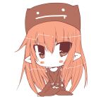  1girl blush chibi chibi_only closed_mouth commentary_request deviruchi_hat dress expressionless full_body garter_straps hanimitsu hat highres long_hair long_sleeves looking_at_viewer monochrome orange_theme pointy_ears priest_(ragnarok_online) ragnarok_online simple_background sitting solo wariza 