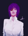  1girl absurdres black_background chainsaw_man cigarette cropped_torso eyepatch highres himeno_(chainsaw_man) odd_eyesss purple_eyes purple_hair purple_theme shirt short_hair signature smile smoking solo tagme unlit_cigarette_in_mouth white_shirt 
