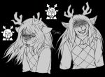 2026 anthro antlers bangs black_background buckteeth cartoon_freckles clothed clothing crazy_eyes deer deltarune digital_drawing_(artwork) digital_media_(artwork) expression_sheet eyelashes female female_anthro freckled_face freckles front_view fully_clothed greyscale grin hair half-length_portrait hi_res horn inner_ear_fluff long_hair looking_at_viewer mammal monochrome multiple_images new_world_deer noelle_holiday portrait reference_image reference_inset reindeer shadowed_eyes signature simple_background smile snowgrave solo teeth thesnowflake18 topwear tuft undertale_(series) vest