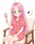  1girl ahoge blush bocchitherock_x chair closed_mouth collarbone commentary_request green_eyes hair_brush hair_intakes highres holding kobayashi_mikuru long_hair looking_at_viewer meitantei_precure! pajamas pink_hair pink_pajamas pink_shirt pink_shorts precure shirt short_sleeves shorts simple_background sitting solo very_long_hair white_background 