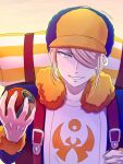  1boy backpack bag baseball_cap blonde_hair commentary_request grey_eyes hair_over_one_eye hat hisuian_poke_ball looking_at_viewer male_focus parted_lips poke_ball pokemon pokemon_(creature) pokemon_legends:_arceus runachikku solo twitter_username volo_(pokemon) 
