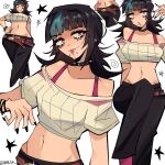  1girl bare_shoulders belt black_hair black_nails black_pants blue_hair blue_streaks bracelet breasts brown_belt chin_piercing closed_mouth collarbone commentary cropped_sweater dhalsk eyebrow_piercing eyelashes eyeshadow face_piercing fangs fingernails genderswap genderswap_(otf) glint hands_on_another's_hips highres hoshi_kirara jewelry jujutsu_kaisen long_hair long_sleeves makeup midriff mouth_piercing multicolored_hair multiple_views nail_polish navel navel_piercing open_mouth pants piercing purple_eyes ribbed_sweater short_sleeves simple_background small_breasts smile star_(symbol) streaked_hair sweater tongue tongue_out twitter_username white_background white_sweater 