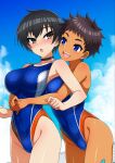  2girls black_choker black_hair blue_eyes blue_one-piece_swimsuit breasts brown_eyes choker commentary_request competition_swimsuit cowboy_shot dark-skinned_female dark_skin highleg highleg_one-piece_swimsuit highres hug hug_from_behind medium_breasts multiple_girls one-piece_swimsuit open_mouth original short_hair smile swimsuit teeth upper_teeth_only yurizuku_owl 
